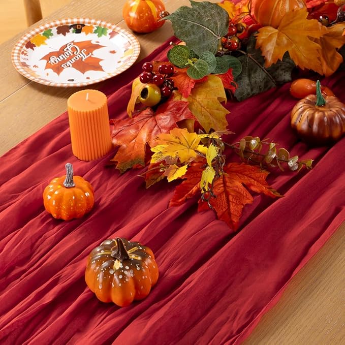 MLMC Red Table Runner 10ft Boho Gauze Cheesecloth Table Runner Rustic Cheese Cloth Decor 35x120 Inches for Wedding Reception Home Winter Christmas Valentine's Day Decor