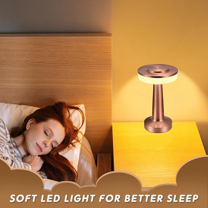 Riakrum 4 Pcs LED Portable Cordless Table Lamp with Touch Sensor 3 Color Stepless Dimming Rechargeable Battery up to 15 Hours Cordless Table Light Wireless Lamp for Nursery (Rose Gold)