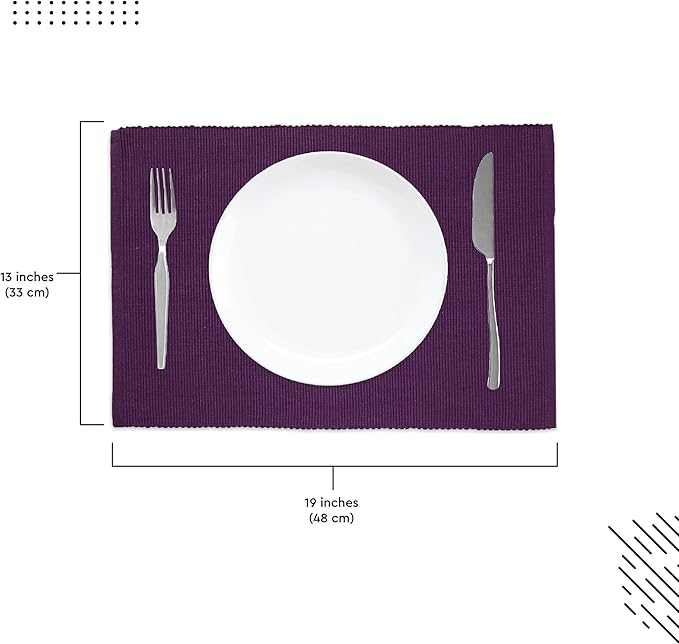 Encasa XO Dining Placemat Set of 6 | Solid Purple Color | Fine Ribbed Cotton Table mat | Size 19x13 in |for Dining Table Fall Decoration, Holiday & Christmas Festivals - Machine Washable