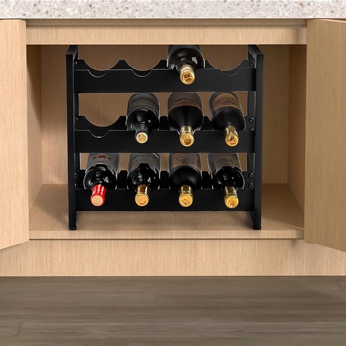AVLA 12 Bottles Wine Rack Countertop, Freestanding 3 Tier Wine Holder, Liquor Display Storage Organizer Stand, Free Standing Floor Wine Cabinet Shelf for Kitchen Wine Cellar Tabletop Bar Dining Room