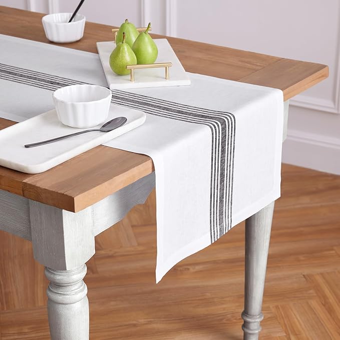 Solino Home Linen Table Runner 108 Inches Long - 100% Pure Linen Black and White Farmhouse Table Runner 18 x 108 Inch for Dining