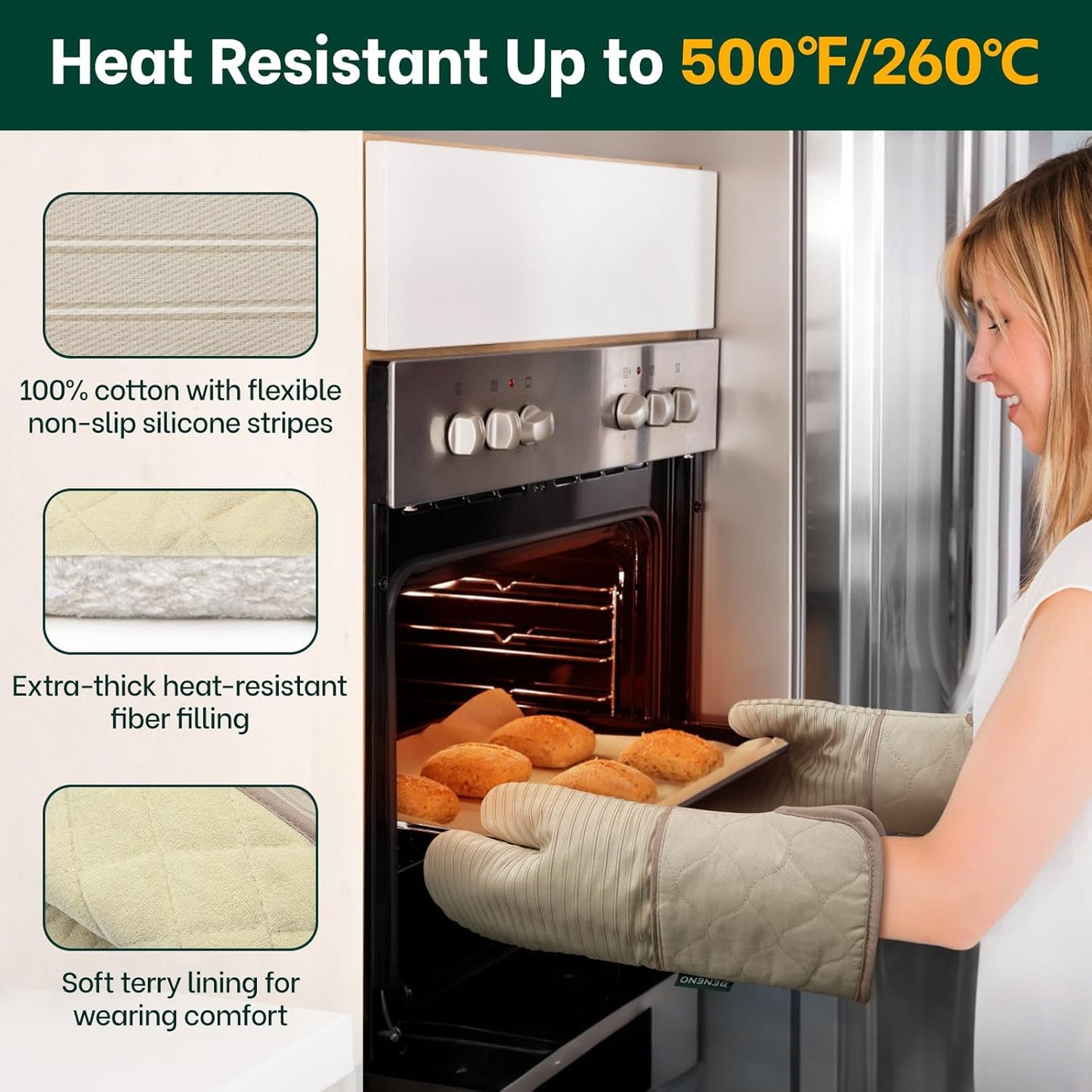 Beneno Kitchen Oven Mitts 2-Pack Heat Resistant to 500°F with Non-Slip Silicone Grip, Extra Long 14.3" Forearm Protection, Soft Quilted Cotton Terry Lining, Ideal for Cooking, Baking, Grilling, Beige