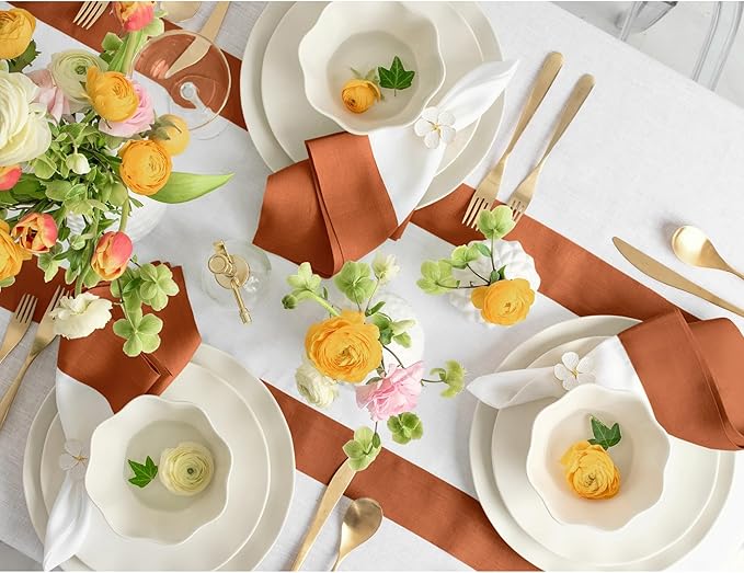 Solino Home Linen Table Runner 36 Inches - 100% Pure Linen Cinnamon and White Small Table Runner 14 x 36 Inch Ideal for Dresser and Coffee Tables - Contempo