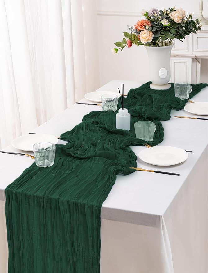 12 Pack Emerald Green Table Runners 10FT Cheesecloth Table Runner 21x120 inch Boho Gauze Cheese Cloth Table Runner Rustic Sheer Table Runners for Party Wedding Bridal Baby Shower Christmas Table Decor