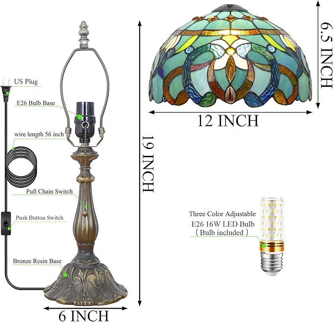 Tiffany Lamp Stained Glass Table Lamp Antique Bedside Reading Light W12H19 Inches (Sea Blue Baroque)