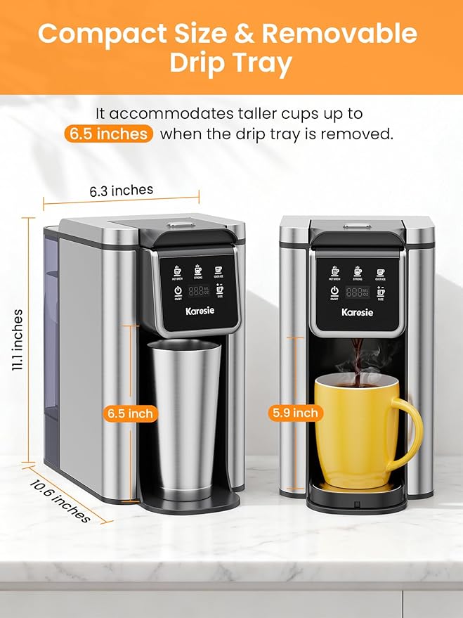 Single Serve Coffee Maker for K-Cup and Grounds, 6-14 oz Brew Sizes Hot & Iced Coffee Maker, Strong Brew Setting, 50 oz Removable Tank, Descaling Reminder, Stainless Steel,Black