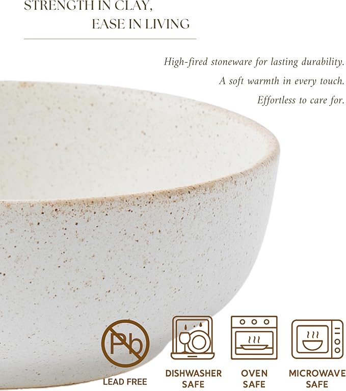 Stoneware Bowl Set of 4-25oz, 6.5" Ceramic Serving Bowls for Salad, Cereal, Soup & Fruit - Microwave & Dishwasher Safe - Rustic Minimalist Design - Oatmeal Cream - Ideal Gift