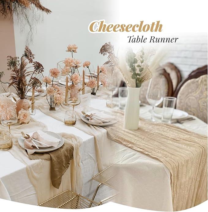 Aktor 6 Pack Beige Cheesecloth Table Runner 10Ft Gauze Table Runner Boho Semi Sheer Cheese Cloth Fabric Runners for Wedding Birthday Baby Shower Party Table Decoration（Beige）
