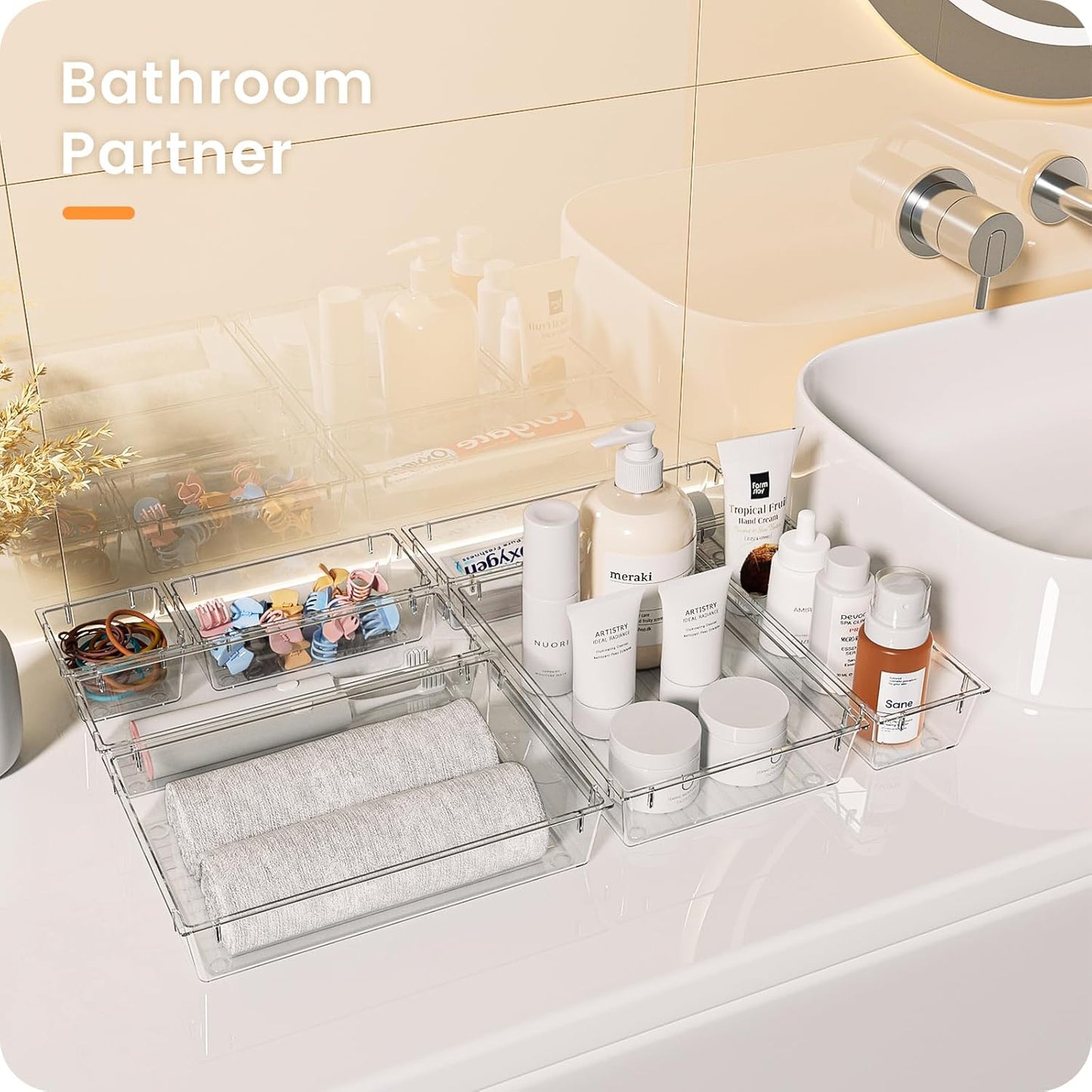 【Crystal Design】A-LUGEI Clear Drawer Organizer,【Military Grade】Acrylic Makeup Organizer, Bathroom Organizers and Storage, Organization and Storage, Organizer Bins for Office Vanity Kitchen Tool Trays