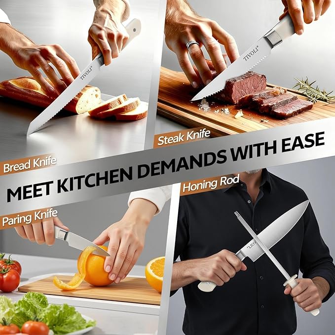 TIVOLI Knife Block Set, 15 PCS Kitchen Knife Set with Block & Honing Rod & Kitchen Scissor, High Carbon Stainless Steel Cutlery Knife Set, Ergonomic Wood Handle, Gifts For Cooks, Cream White