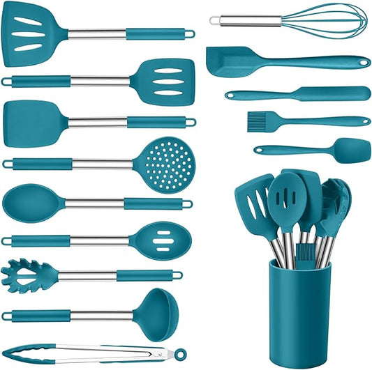 15pcs Kitchen Cooking Utensils Set with Holder, Onader Heat Resistant Silicone Kitchen Utensils Spatula Set with Stainless Steel Handle - Blue