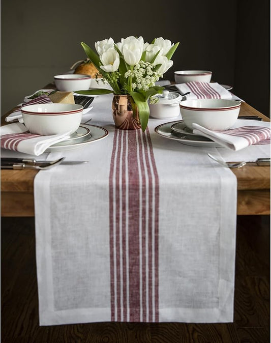 Solino Home Linen Table Runner 36 Inches - 100% Pure Linen Burgundy and White Farmhouse Table Runner 14 x 36 Inch Ideal for Dresser and Coffee Tables - Christmas, New Year