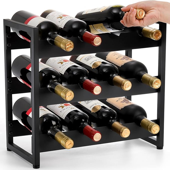 AVLA 12 Bottles Wine Rack Countertop, Freestanding 3 Tier Wine Holder, Liquor Display Storage Organizer Stand, Free Standing Floor Wine Cabinet Shelf for Kitchen Wine Cellar Tabletop Bar Dining Room