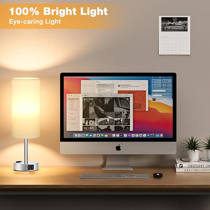 White Touch Nightstand Lamps Set - 3 Way Dimmable Bedside Table Lamp for Bedroom with USB Ports, Small Lamps with AC Outlet for Girls Dorm Nursery, Silver Base