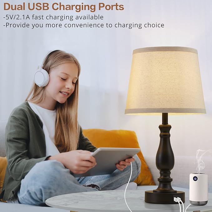 Lamps for Bedroom Set of 2,Touch Bedside Table Lamp with USB C+A Ports,Dimmable Nightstand Lamps with Round Fabric Linen Lampshade for Living Room Reading Bed Side End Table,Bulbs Included