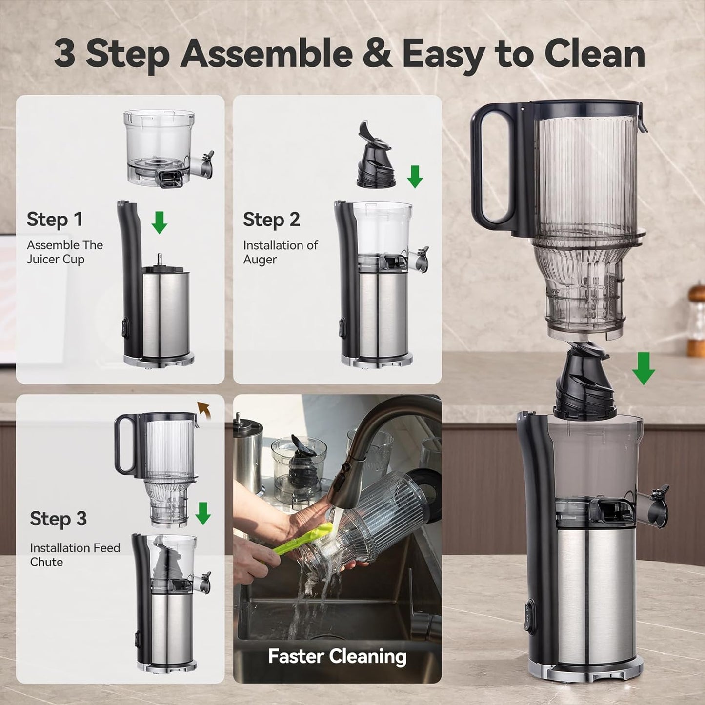 Juicer Machines,ORMEO HOME Cold Press Juicer with Large Feed Chute Fit Whole Fruits & Vegetables,Slow Masticating Juicer With Pulp Seperation,99% Juice Purity,200W Quiet Motor,Easy to Clean,BPA Free