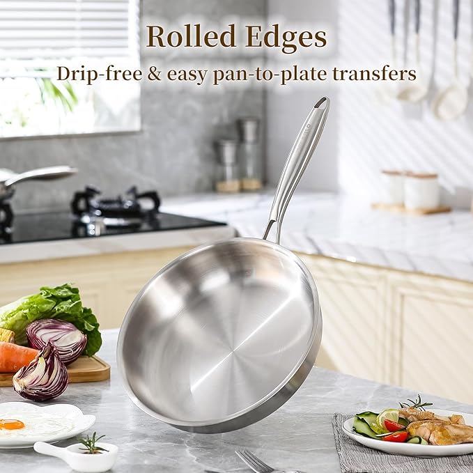 DELARLO Tri-Ply Stainless Steel Frying Pan, All Cooktops Compatible Up to 600℉, Oven Safe Induction Skillet, 12.5 inch Non toxic Cooking Surface, Fast & Even Heat, Durable Cookware