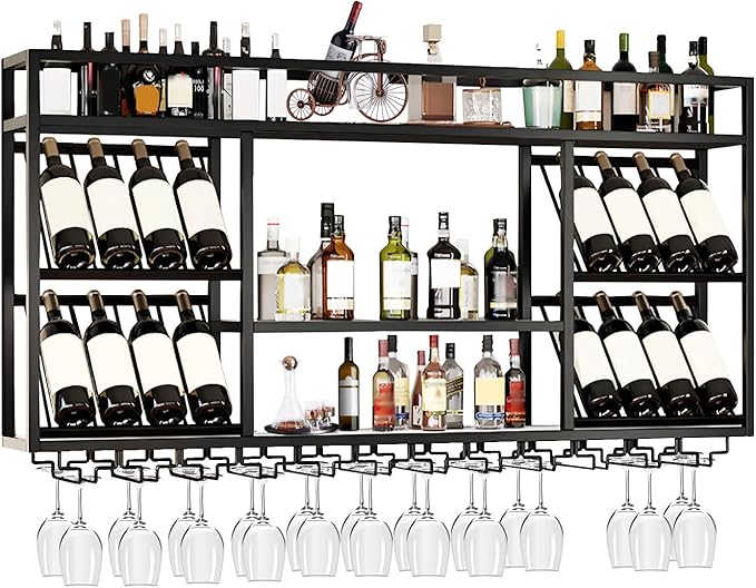 Wall Mounted Wine Racks with Glass Holder, 3 Tier Wine Storage Display Rack, Floating Rustic Metal Bar Liquor Shelves, for Home Bar, Wine Kitchen Storage (Black, 31.49x27.55x9.8in)