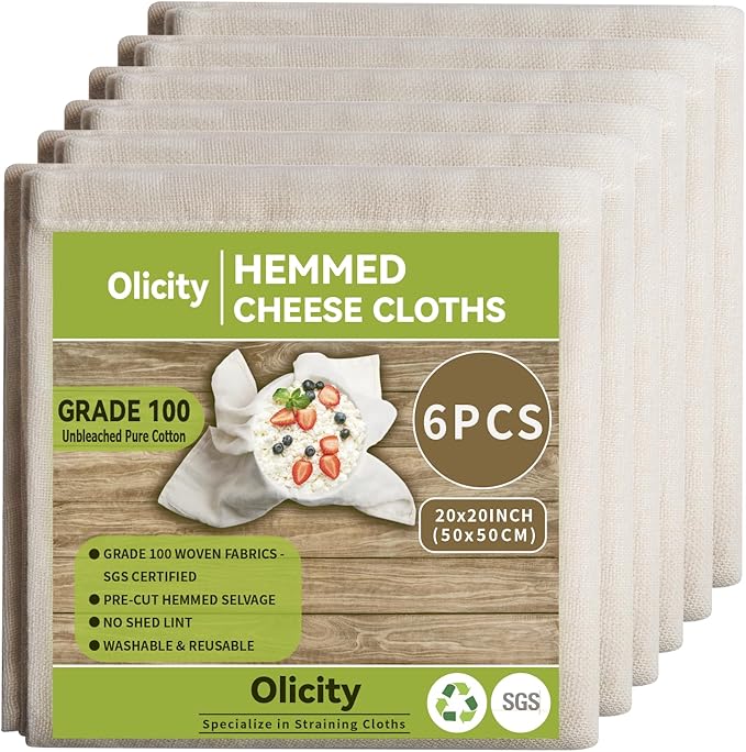 Olicity Cheese Cloths, 6PCS, Grade 100,20x20Inch Hemmed Cheese Cloth Fabric Reusable Fine Mesh Cloth, 100% Cotton Unbleached Precut Muslin Cheesecloth for Straining, Cooking, Yogurt, Juicing