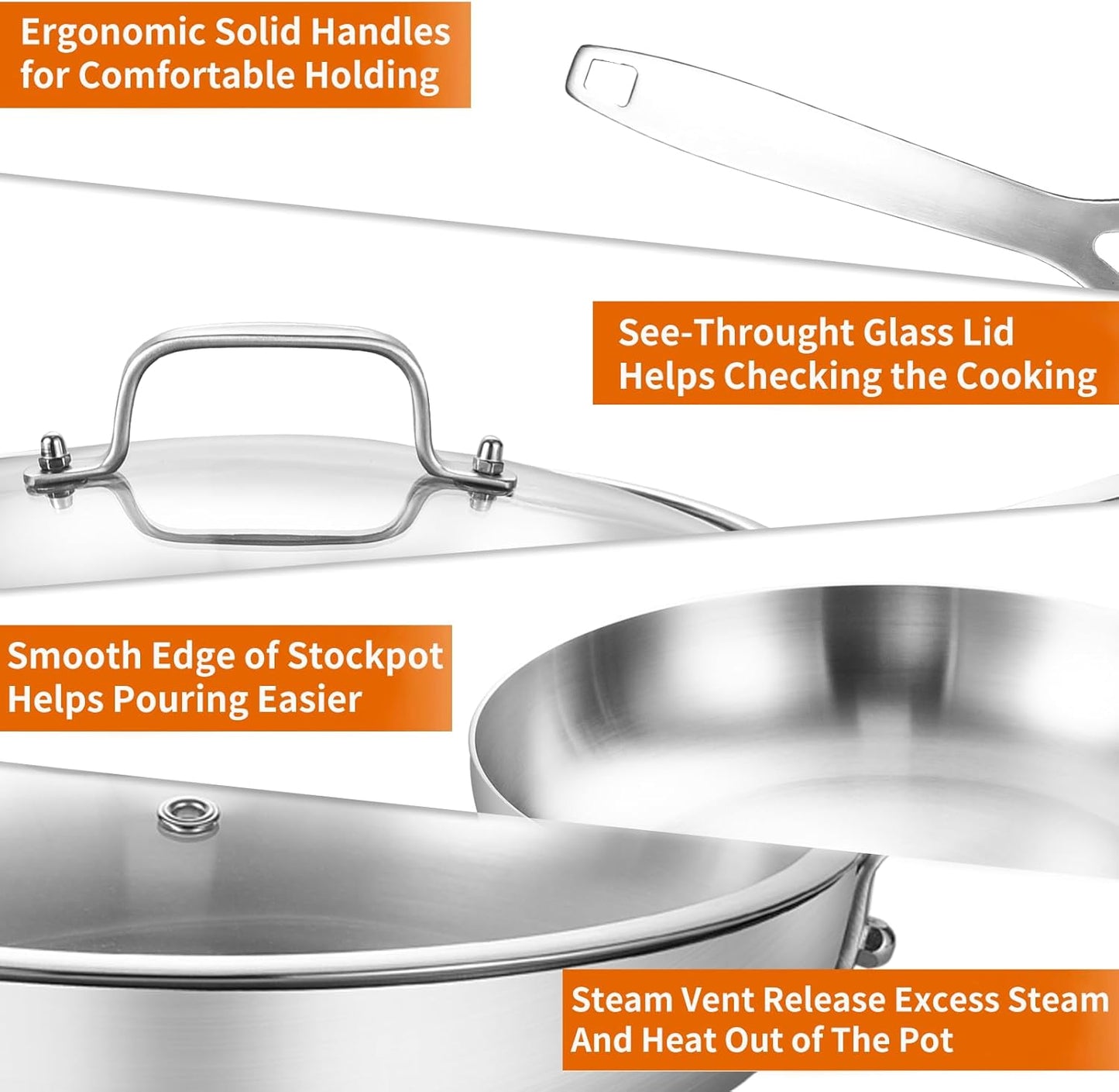 DELARLO Tri-ply Stainless Steel Frying Pan Set with Lid 8" 12" large Skillets Induction Chef's Pan,Pots and Pans Set Kitchen Cookware Set Dishwasher and Oven Safe