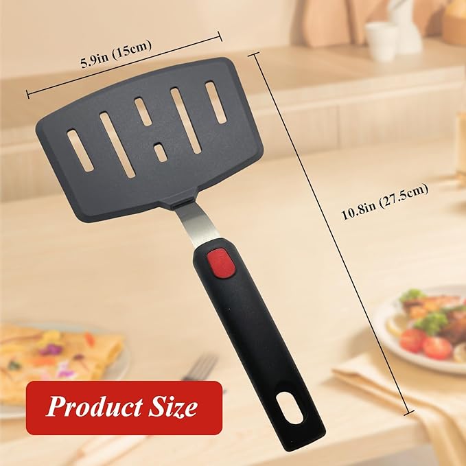 Silicone Spatula Turner, Heat Resistant Pancake Spatulas for Nonstick Cookware Pan, Wide Slotted Cooking Spatula for Frying Omelette, Egg, Fish and Kitchen Use, Thin Flexible Dishwasher Safe, Black
