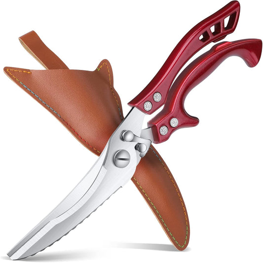 Poultry Shears, Red Heavy Duty Kitchen Shears with Serrated Edge, No Rust Spring Loaded, Multipurpose Stainless Steel Kitchen Scissors for Chicken Meat, Turkey, Fish