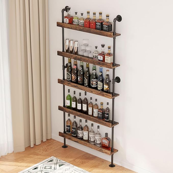 5-Tier Wall Mounted Wine Rack, Industrial Pipe Bar Shelf for Wine Bottle Storage, Industrial Pipe Shelves Shelf Shelving for Home Bar Dining Room Kitchen (40" W x 79" H x 8.6" D)