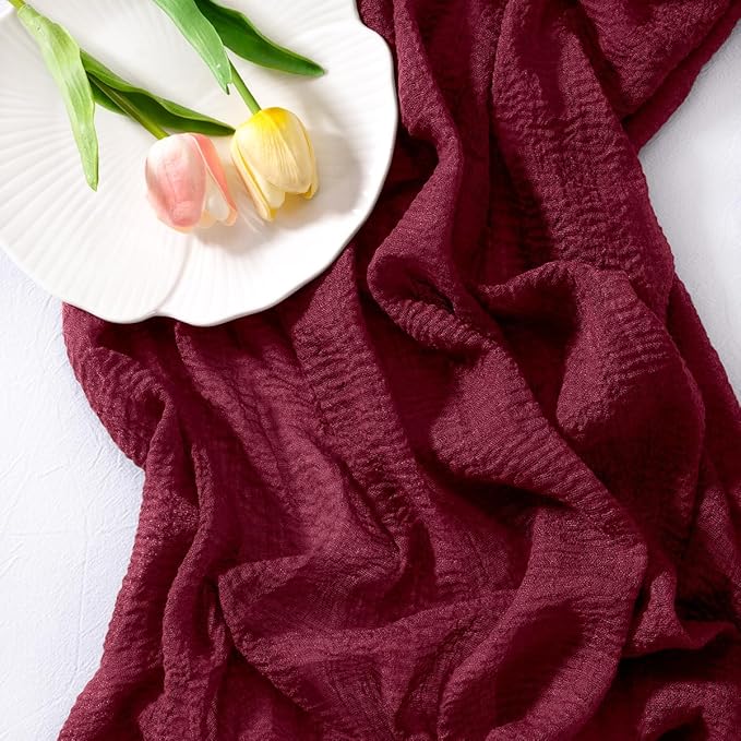 Socomi Burgundy Gauze Cheesecloth Table Runner 120 Inch Rustic Boho Cheese Cloth Runner for Wedding Party Baby Bridal Shower Centerpiece Decoration Holiday Home Decorations