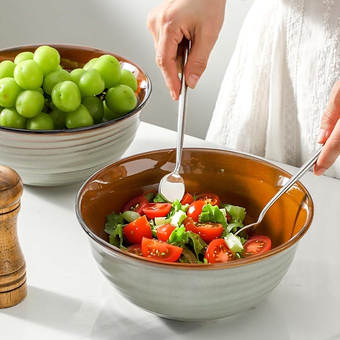 Mixing Bowls 65oz,Large Deep Ceramic Bowls for Prep, Baking,Salad, Pasta, Ramen, Popcorn,Serving Bowls for Baking, Cooking, Kitchen, Party，Dinner,Microwave & Dishwasher Safe Set of 2,Brown
