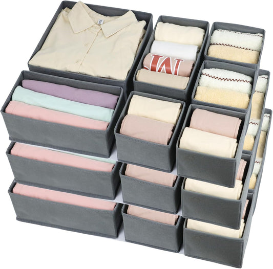 16 Pcs Drawer Organizer,Fabric Closet Organizer and Storage Baskets,Foldable Drawer Divider for Clothing,Sock,Ties,Underwear Drawer Organizers,Cabinet Storage Boxes (Gray)