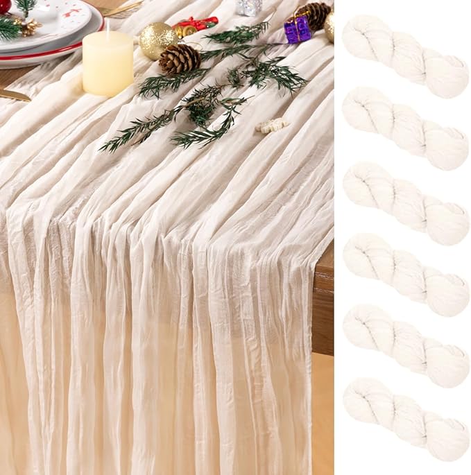 Ivory White Cheesecloth Table Runner 6 Pack Christmas Table Runners Boho Gauze 120 Inches White Cheese Cloth Table Decor for Xmas Holiday Season Parties Weddings Bridal Baby Shower