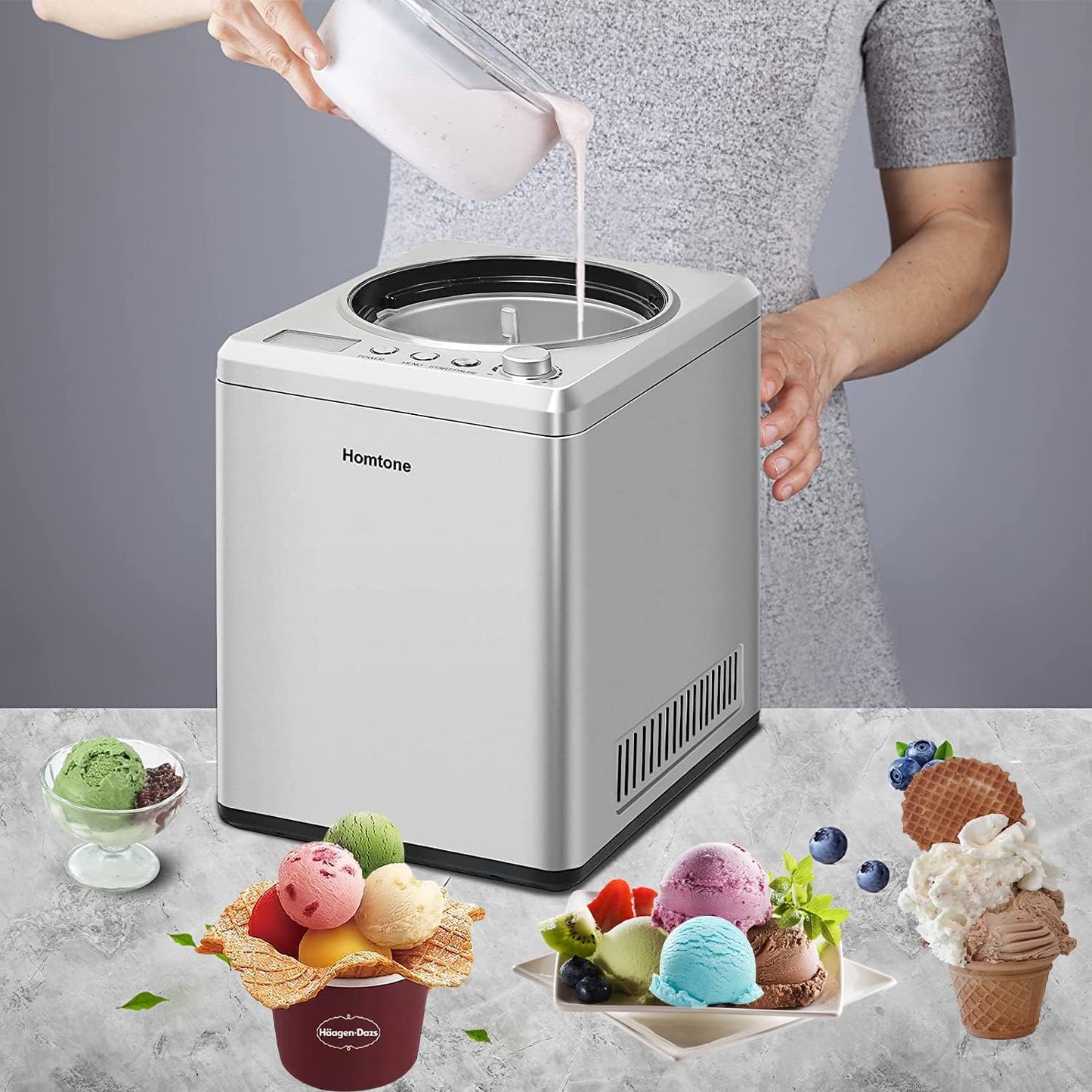 Homtone 2.64 QT Ice Cream Maker, No pre-Freezing & Large Capacity Automatic Ice Cream Machine with Compressor, Easy Operate & Clean, Keep Cooling for 2H, All Stainless Steel, LCD Digital Display
