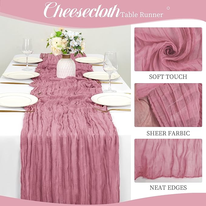 12 Pack 10Ft Dusty Rose Cheesecloth Table Runner 35 x 120 inch Boho Gauze Cheese Cloth Table Runner Vintage Rustic Sheer Runners for Wedding Bridal Shower Birthday Party Cake Table Decorations