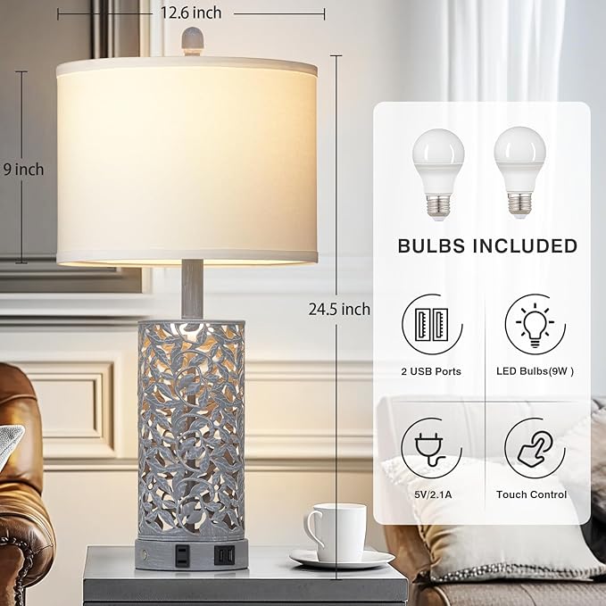 Vintage Lamp for Living Room Set of 2,Antique Retro Bedside Nightstand Lamps with 2 USB Ports & AC Outlet,Touch Control Industrial Desk Lamp for Bedroom Entryway,Gray