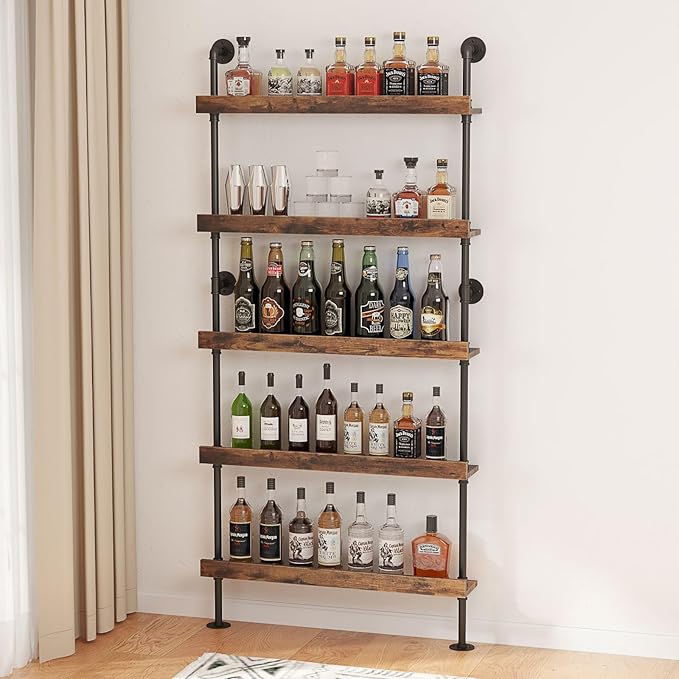 5-Tier Wall Mounted Wine Rack, Industrial Pipe Bar Shelf for Wine Bottle Storage, Industrial Pipe Shelves Shelf Shelving for Home Bar Dining Room Kitchen (40" W x 79" H x 8.6" D)