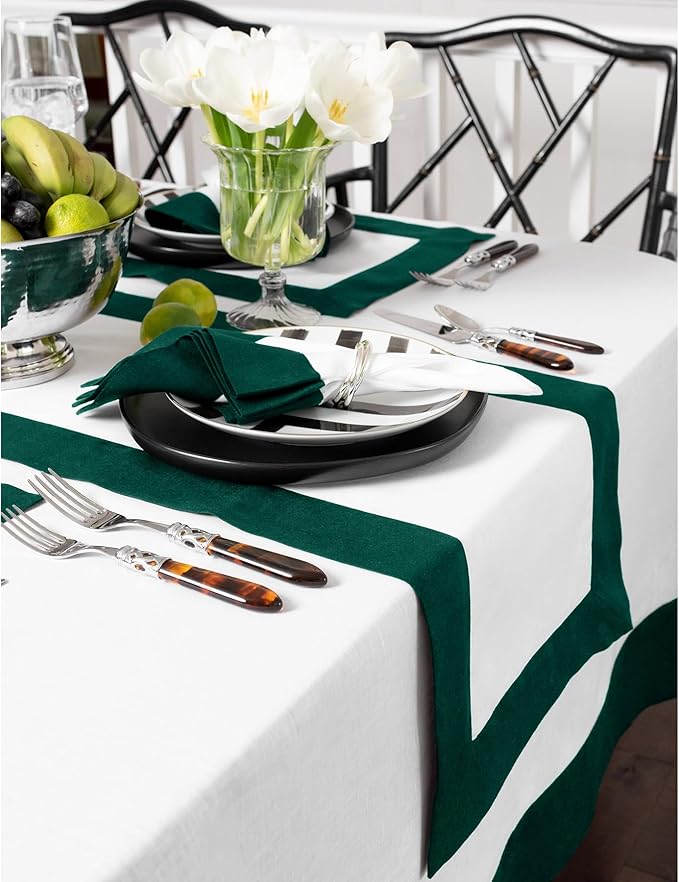 Solino Home Linen Table Runner 36 Inches - 100% Pure Linen Rainforest and White Small Table Runner 14 x 36 Inch Ideal for Dresser and Coffee Tables - Contempo - Christmas, Winter, New Year