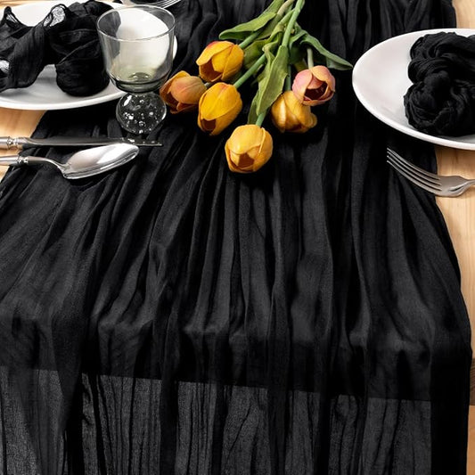 MLMC Black Table Runner 10ft Rustic Gauze Cheesecloth Table Runner 35x120 Inches Cheese Cloth Centerpiece for Wedding Party Bridal Shower Anniversary Events Gothic Decor