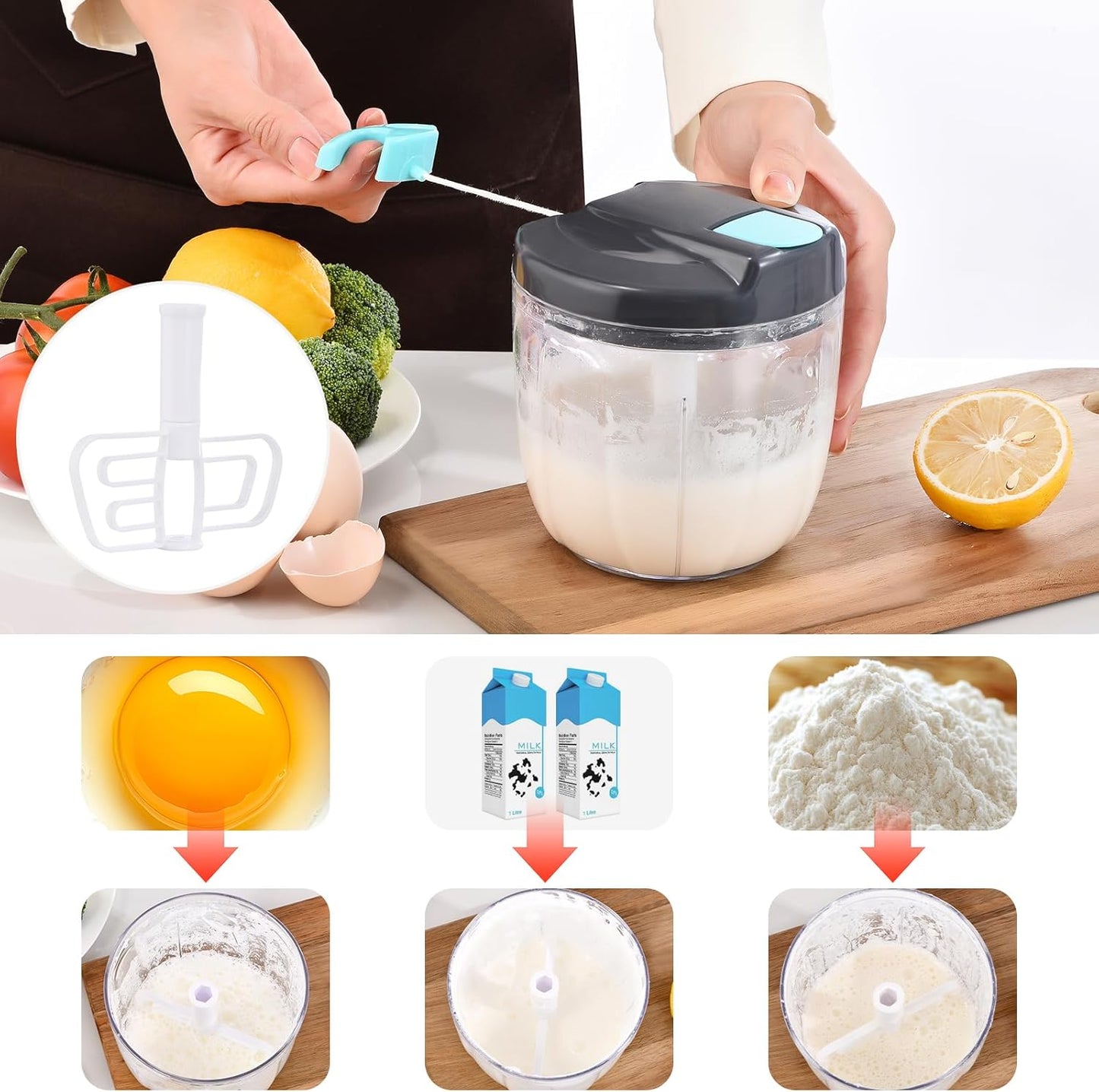 Manual Food Processor Vegetable Chopper, Portable Hand Pull String Garlic Mincer Onion Cutter for Veggies, Ginger, Fruits, Nuts, Herbs, etc., （900ml,Gray-blue）