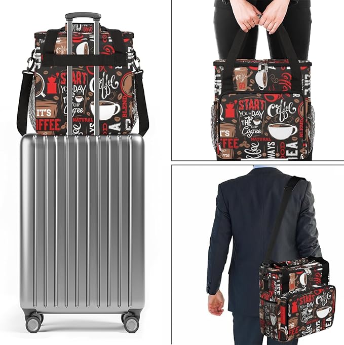Red Start Day With Coffee Coffees Maker Carrying Bag Coffee Machine Travel Storage Tote Bag Compatible with K-Mini or K-Mini Plus, Portable Single Serve Coffees Brewer Case with Pockets for K-Cup Pods