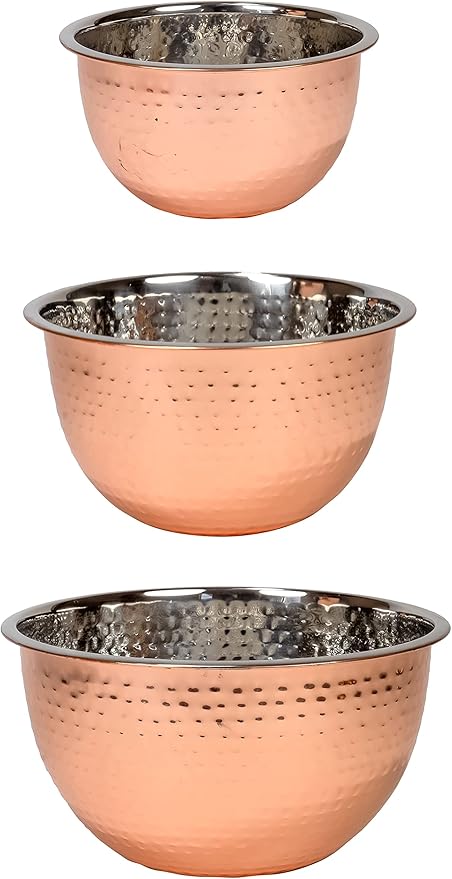 Red Co. Set of 3 Stainless Steel Nesting Mix and Serve Bowls, 5, 3, and 1.5 Qt. - Hammered Copper Finish