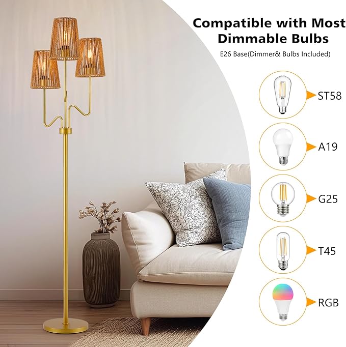 9MMML Gold Farmhouse Boho Dimmable Floor Lamp with Rattan Shade, 68'' Tall Floor Standing Lamp, 3-Light Floor Lamp for Living Room, Bedroom, Office, Corner