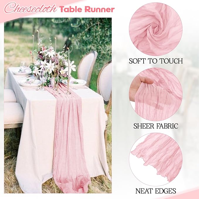 Aktor 12 Pack Pink Cheesecloth Table Runner 10Ft Gauze Table Runner Boho Semi Sheer Cheese Cloth Fabric Runners for Wedding Birthday Baby Shower Party Table Decoration（Pink）