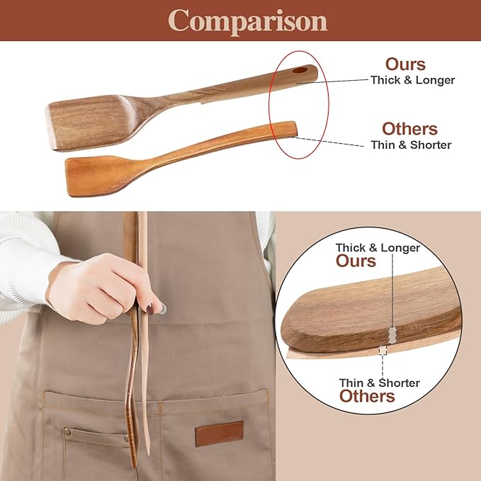 Wooden Cooking Utensils, 6 Pieces Natural Acacia Wooden Spoons For Cooking with Unique Notch & Heat Resistant Design, Non-Stick Wood Kitchen Utensil Set with Hanging Hole for Kitchen Essentials