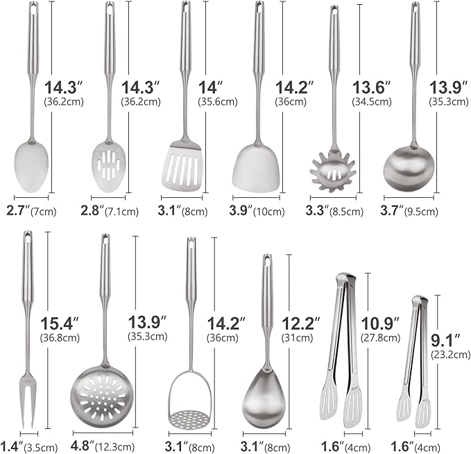 18/10 Stainless Steel Cooking Utensils Set,12pcs Metal Kitchen Utensils Set Dishwasher Safe, Heat Resistant Wok Tools Set for Cooking Enthusiasts