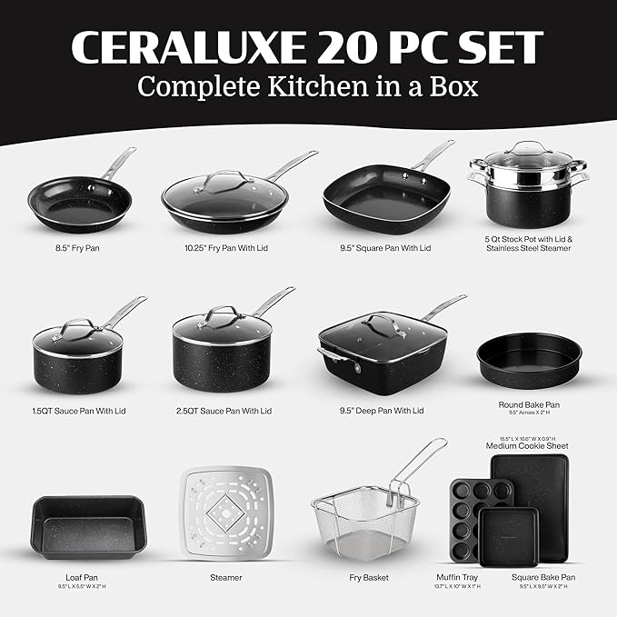 Granitestone Ceraluxe 20 Pc Ceramic Cookware Set Nonstick, Complete Pots and Pans Set Non Stick with 5 Pc Bakeware Set, Deep Frying Pan Set, & Steamer, Non Toxic PFOA Free, Oven & Dishwasher Safe