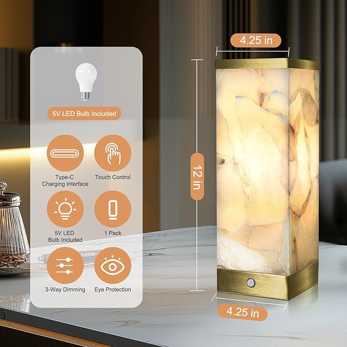 Scenekoy Alabaster Rechargeable Table Lamp for Living Room Bedroom Nightstand, Portable Battery Operated LED Bedside Lamp, Cordless Night Light for Home Office Dorm Desk Decor (Bulb Included)