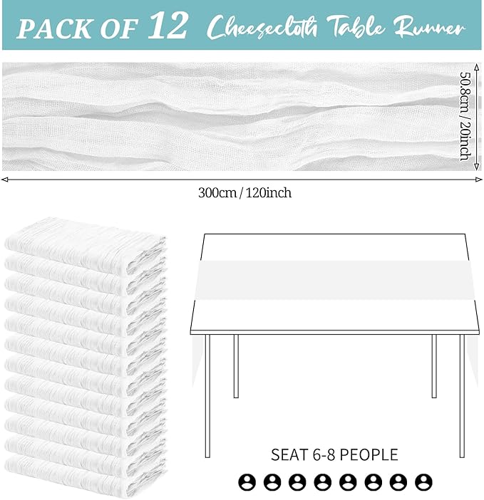 12 Pack Cheesecloth Table Runner 20 x 120 inch Cheese Cloth Table Runner Bulk,Romantic Boho Sheer Gauze Fabric Table Runners for Wedding Reception,Party,Bridal Shower Table Decor(White)