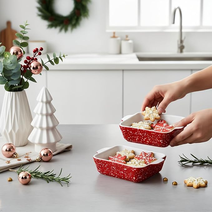 NUTRIUPS 13oz 5.9x5.9in Square Ceramic Baking Dish Set, 2-Pack Small Oven-Safe Baking Pan for Lasagna, Casserole - Bakeware for Baking & Serving (Red)