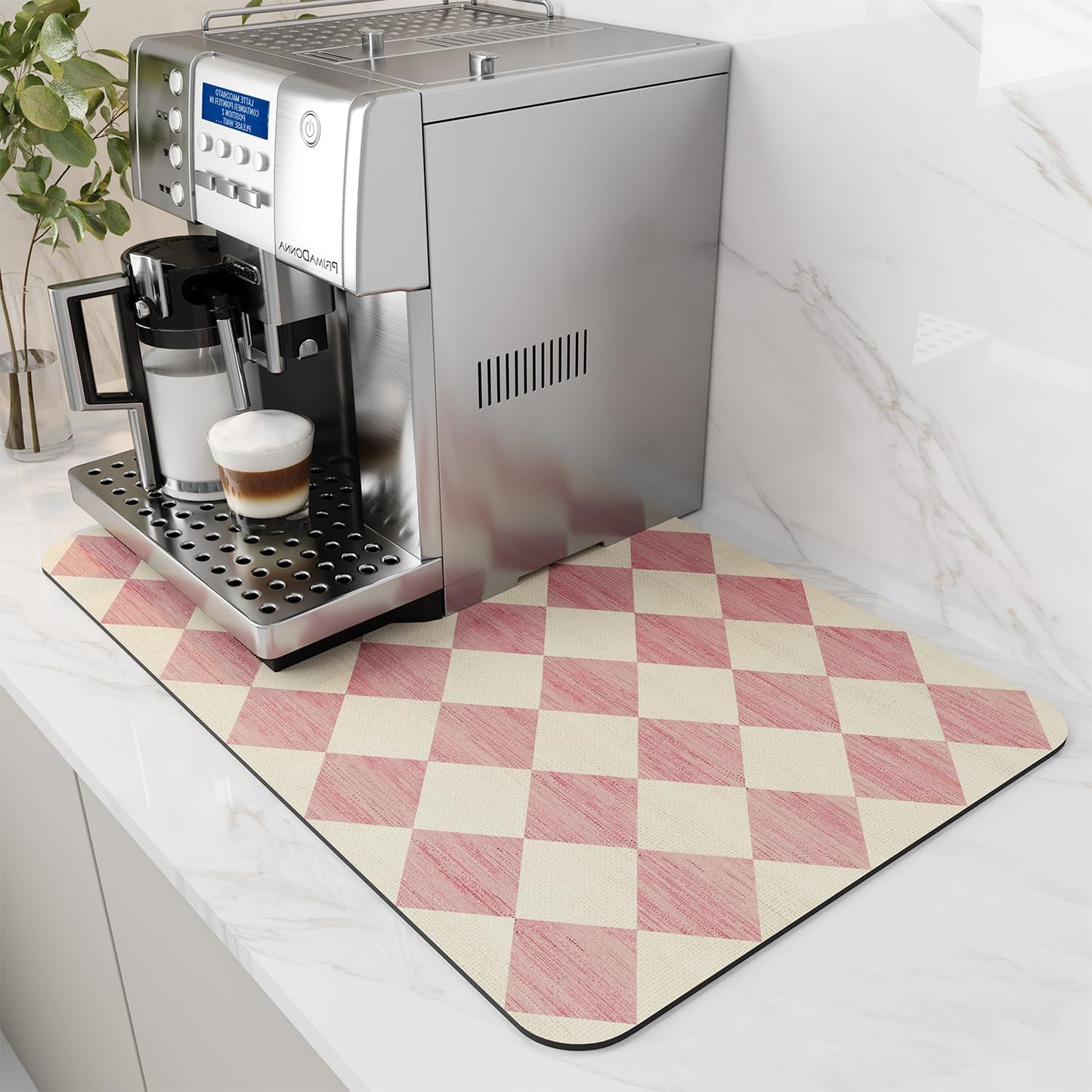 AMOAMI Coffee Mat Hide Stain Rubber Backed Absorbent Dish Drying Mat for Kitchen Counter - Fits Under Coffee Maker or Machine - PINK 16X24