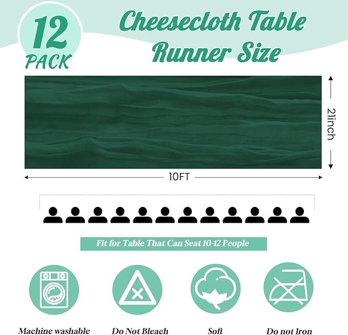 12 Pack Emerald Green Table Runners 10FT Cheesecloth Table Runner 21x120 inch Boho Gauze Cheese Cloth Table Runner Rustic Sheer Table Runners for Party Wedding Bridal Baby Shower Christmas Table Decor